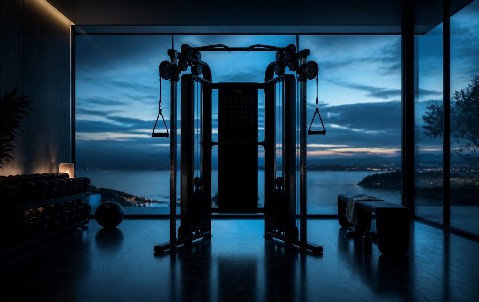 Glass-walled home gym at blue hour with a cable functional trainer